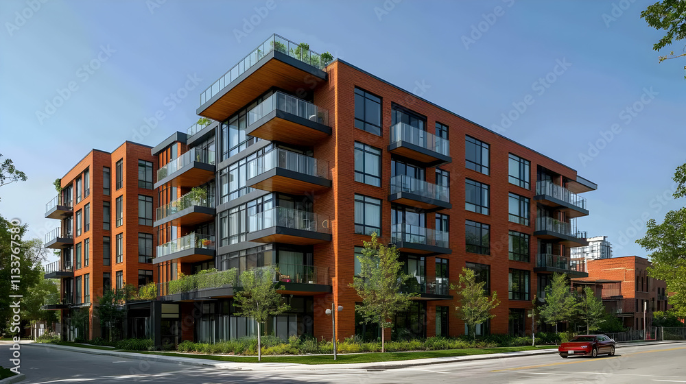 Modern apartment building with balconies and greenery in an urban setting. Modern apartment building with balconies and greenery in an urban setting.
