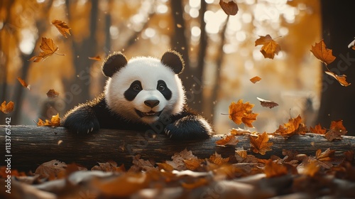 Joke picture, playful panda levitating on a log, and autumn leaves gently fluttering in the wind in a bright city park setting photo