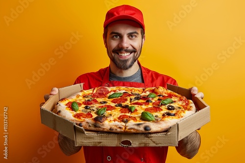 Smiling pizza courier presenting a pizza box for delivery