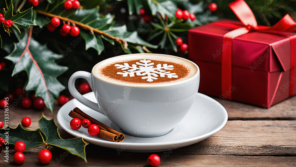 A cappuccino cup, featuring a cinnamon snowflake design on the milk foam, rests near holly leaves and red berries on a wooden table, creating a perfect Christmas treat A cappuccino cup, featuring a cinnamon snowflake design on the milk foam, rests near holly leaves and red berries on a wooden table, creating a perfect Christmas treat