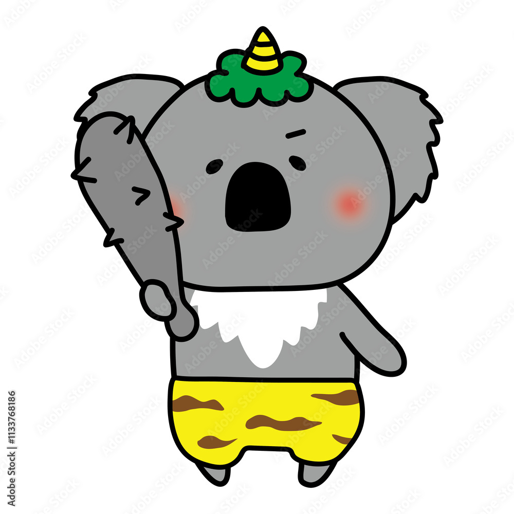 金棒を持っている青鬼の格好をしたコアラ