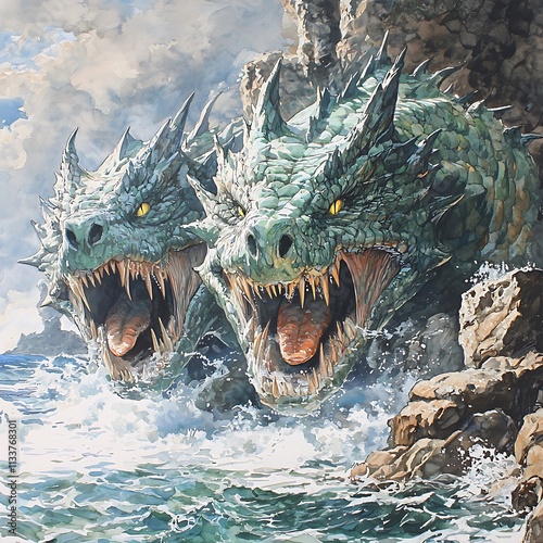 A watercolor painting of a two-headed dragon emerging from the ocean waves, its heads framed by dramatic rocky cliffs.