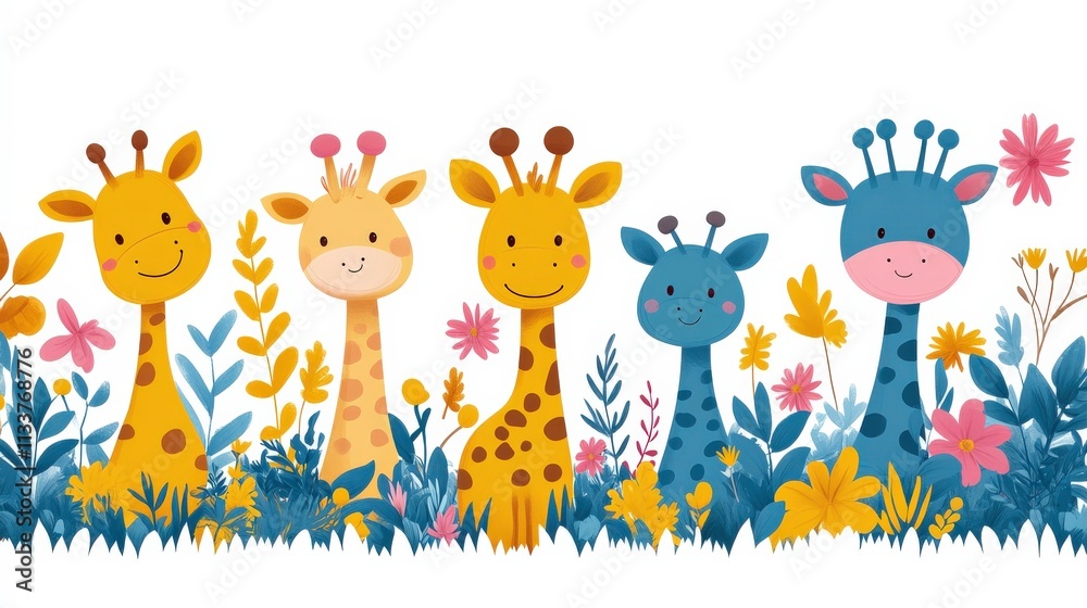 Naklejka premium Cute and Colorful Animal Illustrations Featuring Friendly Giraffes Surrounded by Vibrant Flowers and Lush Greenery Perfect for Children's Art, Decor, and Educational Materials