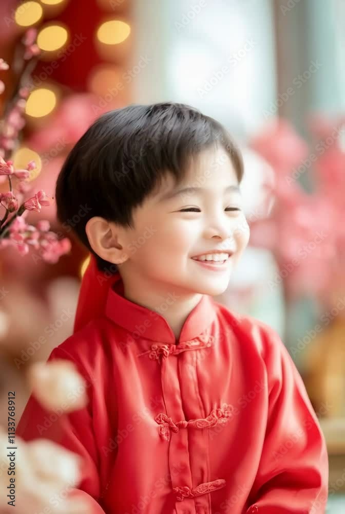 Festive portrait of happy smiling Asian boy in traditional red costume. Chinese New Year, Mid-Autumn Festival, Dragon Boat Festival celebration. Birthday or family event Festive portrait of happy smiling Asian boy in traditional red costume. Chinese New Year, Mid-Autumn Festival, Dragon Boat Festival celebration. Birthday or family event