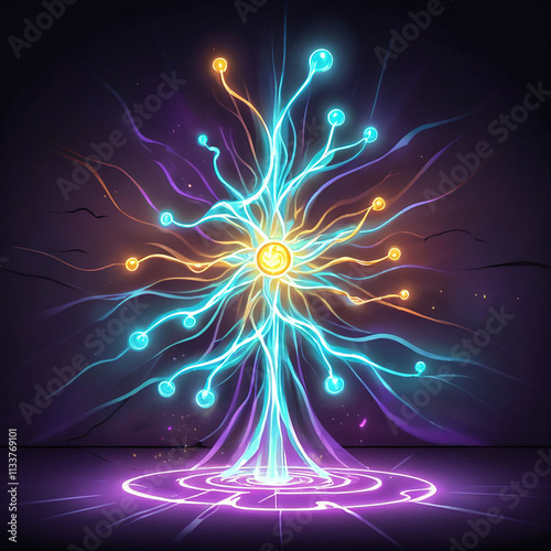 A glowing neon tree with blue and purple lights, a golden core, and a swirling purple portal beneath it.