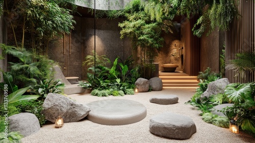 Serene indoor garden with rocks, plants, and minimalist seating.