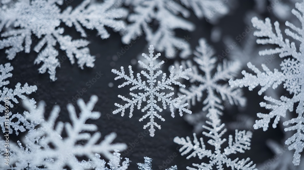 Macro shot of unique snowflakes with frosty details on a dark background Macro shot of unique snowflakes with frosty details on a dark background