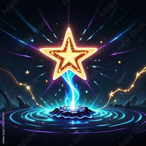 A glowing golden star with a bright blue aura rises from a dark pool of water with swirling ripples and light streaks, surrounded by a starry night sky.