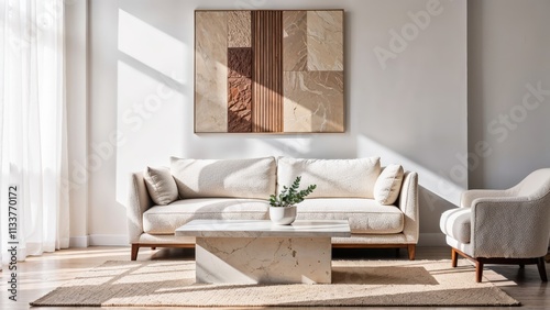 Generative AI, Contemporary living room with textured sofa and neutral tones photo