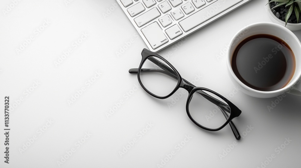 Minimalist White Desk Workspace with Coffee, Eyeglasses, and Keyboard Minimalist White Desk Workspace with Coffee, Eyeglasses, and Keyboard