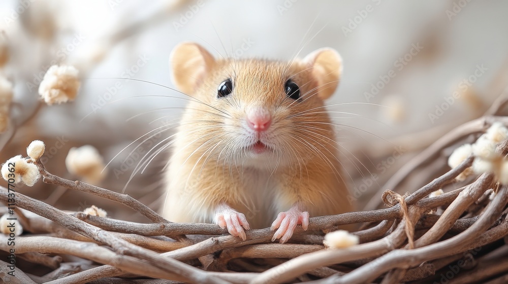 Cute brown mouse with round ears peeking from a nest of twigs and dried flowers, showcasing adorable features and vibrant eyes in a soft, natural setting. Cute brown mouse with round ears peeking from a nest of twigs and dried flowers, showcasing adorable features and vibrant eyes in a soft, natural setting.
