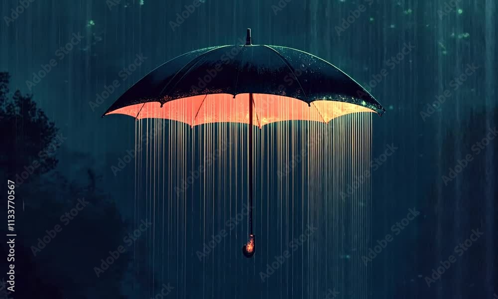 A glowing umbrella shelters falling droplets in a rainy, mystical atmosphere.