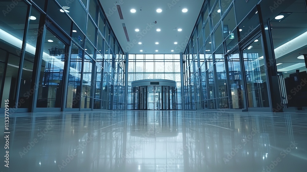 Modern Office Building Lobby with Revolving Door