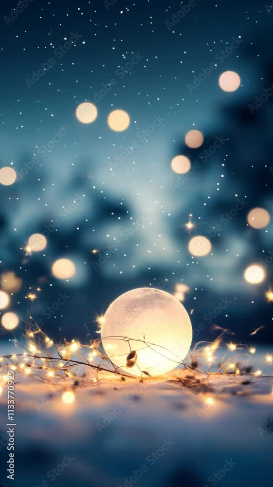 Serene night sky with glowing orb, twinkling stars, and soft bokeh lights creating magical atmosphere. Serene night sky with glowing orb, twinkling stars, and soft bokeh lights creating magical atmosphere.