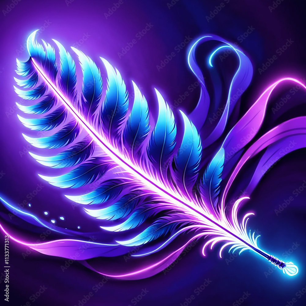 Obraz premium A stylized image of a single feather pen glowing with neon blue and purple light, surrounded by abstract purple swirls against a dark purple background.