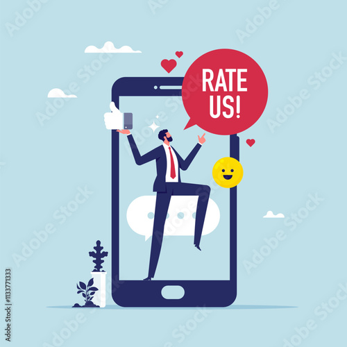 Customer feedback and online rating, rate us illustration, businessman asks customers to leave a review. Evaluating app, product, service. Feedback consumer, a customer review