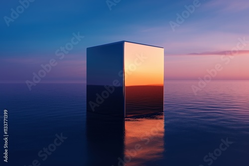 Reflective monolith on calm ocean surface during sunset creating a surreal and modern atmosphere