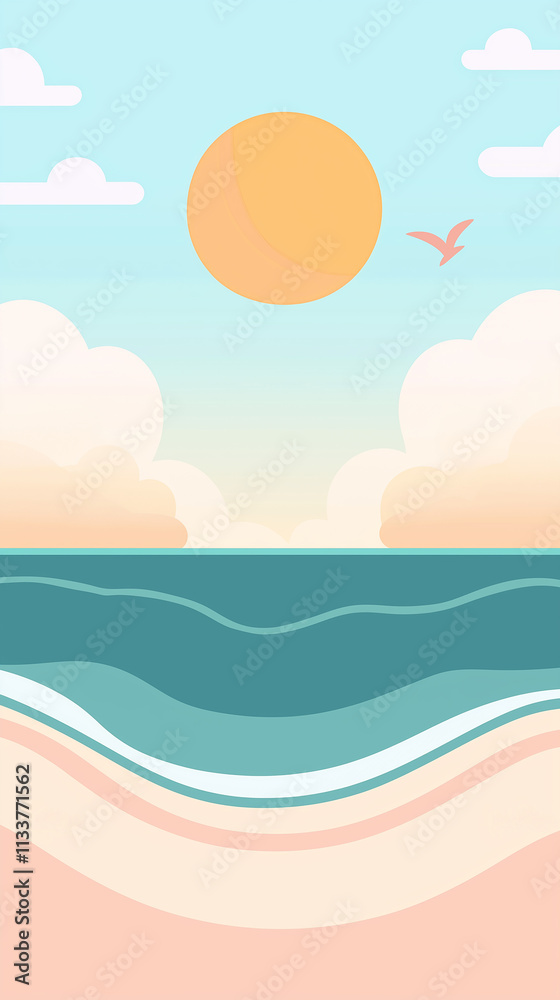 A stylized illustration of a beach scene with a large sun, fluffy clouds, a seagull, and gentle waves lapping on the shore. A stylized illustration of a beach scene with a large sun, fluffy clouds, a seagull, and gentle waves lapping on the shore.