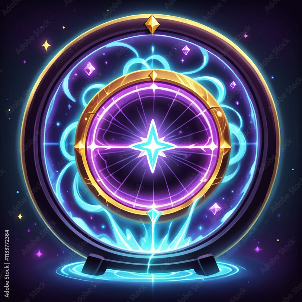 A circular portal with a glowing blue energy field and a bright star in the center. It is surrounded by a gold ring and a dark border. There are small stars and crystals scattered in the background. A circular portal with a glowing blue energy field and a bright star in the center. It is surrounded by a gold ring and a dark border. There are small stars and crystals scattered in the background.