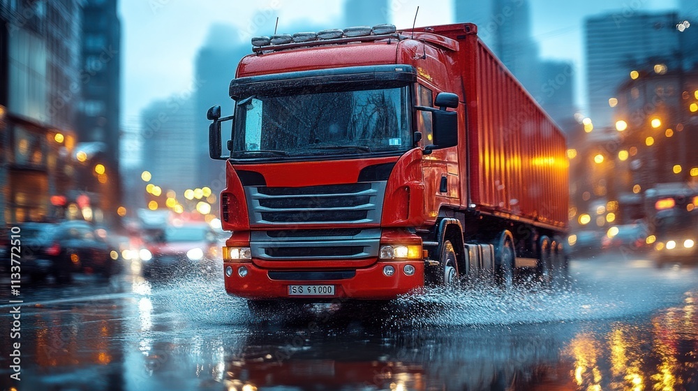 A red truck navigating through a rainy city street, splashing water in a vibrant urban setting. A red truck navigating through a rainy city street, splashing water in a vibrant urban setting.