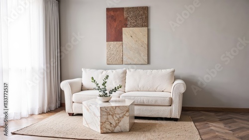 Generative AI, Contemporary living room with textured sofa and neutral tones photo