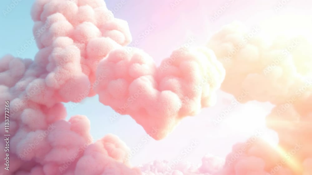 Whimsical heart shaped clouds float in dreamy pink sky paradise, evoking love and joy in whimsical dreamscape.