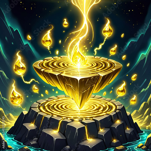 A golden energy surge emanates from an ancient ritual site on a rocky island. The site is marked by a circular platform with concentric rings and a golden obelisk. Multiple glowing orbs float around t photo