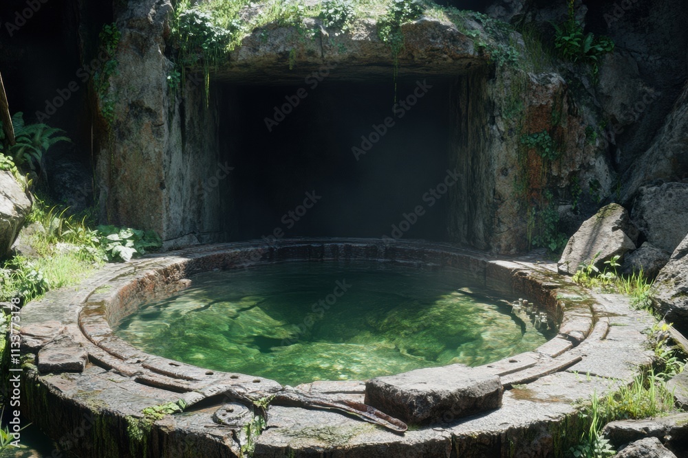 Ancient Stone Pool and Cave Entrance