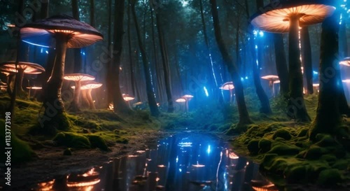 a fantasy forest growing with giant, glowing mushrooms