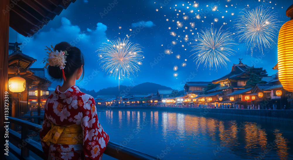 Fototapeta premium New Year's eve in Japan, a woman in a traditional kimono, gazing at a beautifully lit pagoda by the water. The scene includes vibrant fireworks illuminating the sky, soft reflections on the lake