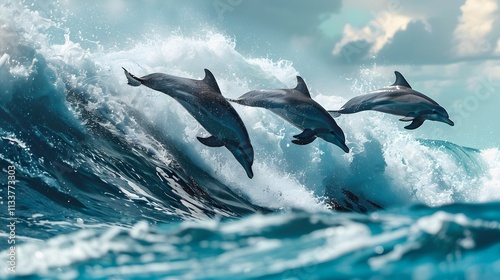 Three dolphins leap from the ocean and break through a wave, the water splashing around them. photo