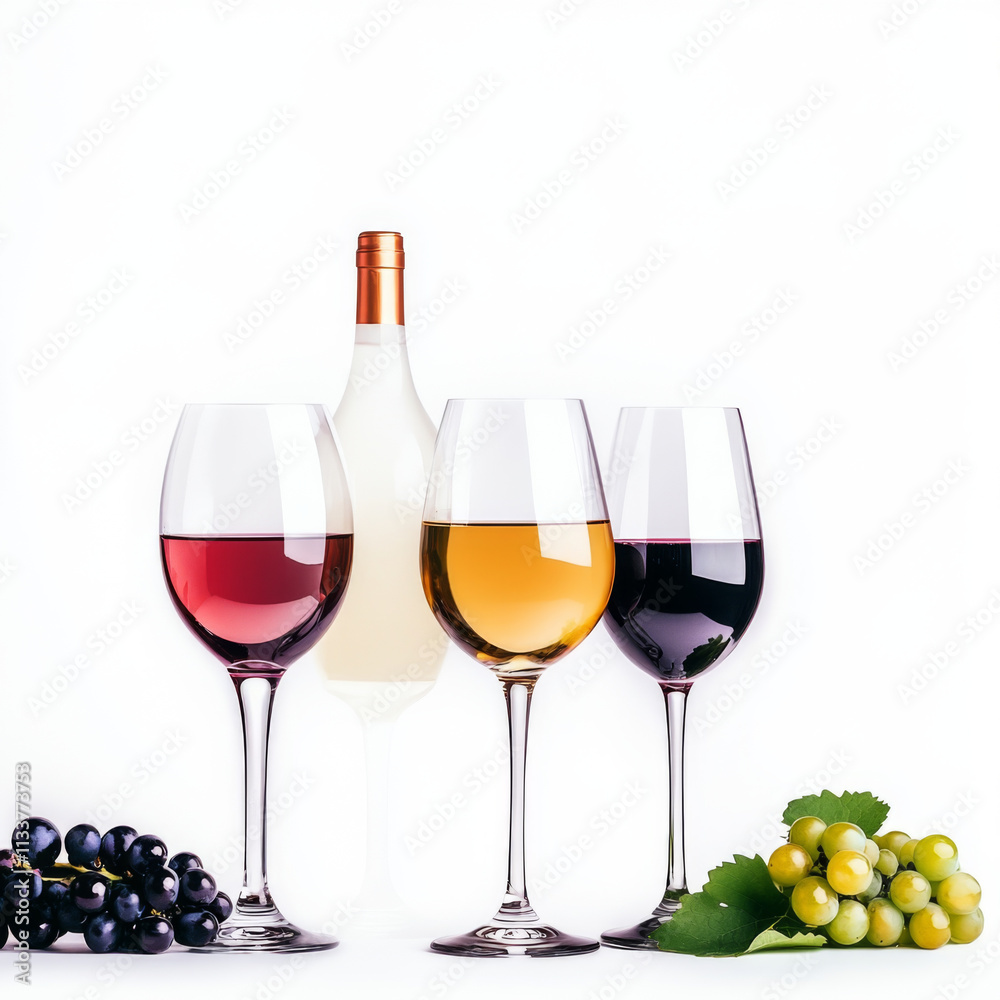 Elegant wine tasting setup featuring red, white, and rose wines in glasses, accompanied by grapes. Perfect for wine enthusiasts and gatherings Elegant wine tasting setup featuring red, white, and rose wines in glasses, accompanied by grapes. Perfect for wine enthusiasts and gatherings