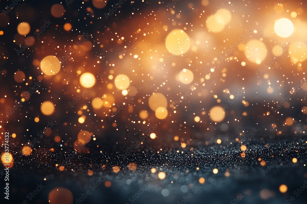 A shimmering background of golden bokeh lights on a dark surface. A shimmering background of golden bokeh lights on a dark surface.