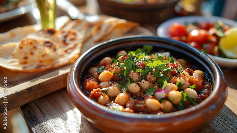 Colorful bowl of chickpea stew served with bread and fresh vegetables outdoors Colorful bowl of chickpea stew served with bread and fresh vegetables outdoors