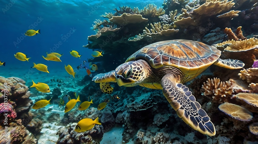Fototapeta premium Sea Turtle Gliding Over Vibrant Coral Reef with Tropical Fish in Crystal Clear Ocean