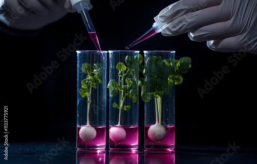 A close-up of four test tubes filled with pink liquid, each containing one small plant or vegetable photo