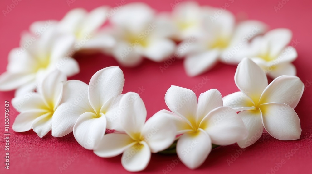 White Plumeria Flowers in Heart Shape on Pink Background White Plumeria Flowers in Heart Shape on Pink Background