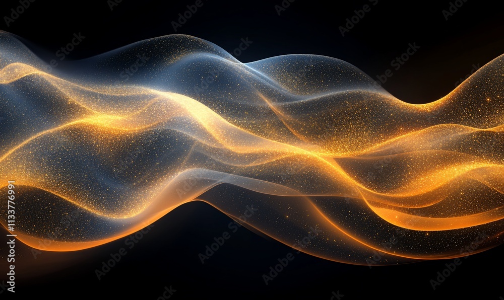 Fototapeta premium Abstract gold and blue wavy lines on a dark background.