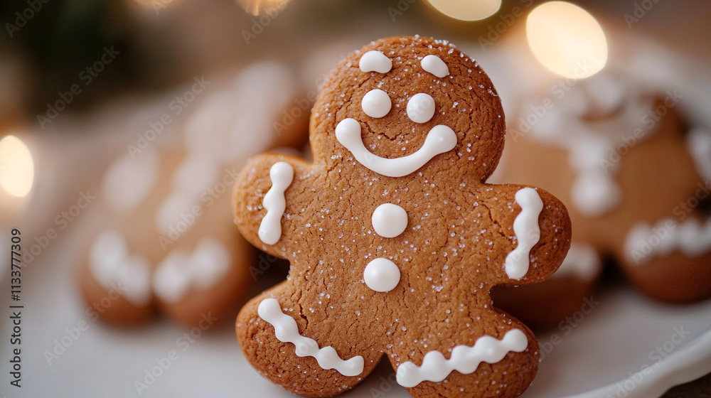 Gingerbread cookies decorated with frosting on a festive plate during the holiday season Gingerbread cookies decorated with frosting on a festive plate during the holiday season