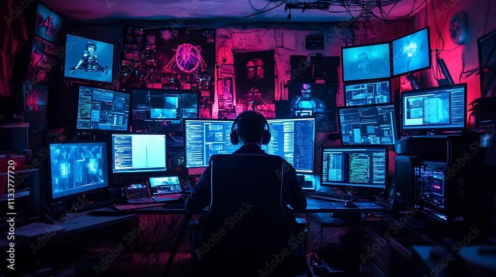 Person Working In A Room With Many Computer Monitors Person Working In A Room With Many Computer Monitors