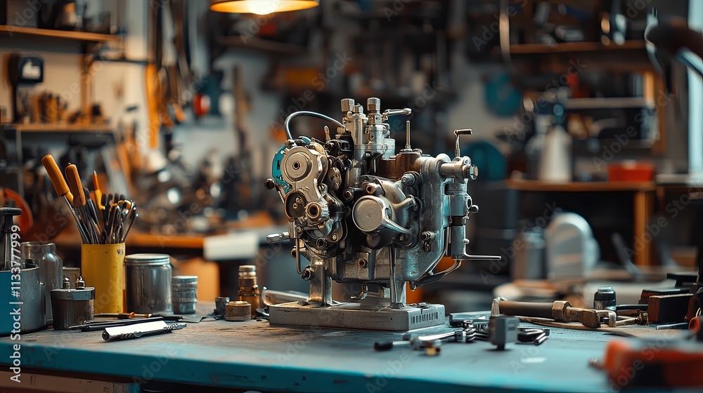 Polished Engine Component On Workshop Table Polished Engine Component On Workshop Table