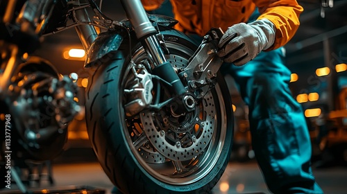 Motorcycle Mechanic Servicing Rear Wheel Brake System