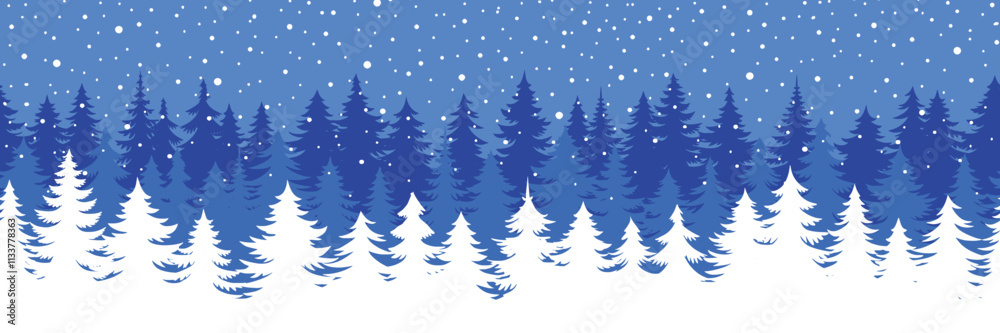 Fototapeta premium Coniferous trees and snowfall, minimalistic winter landscape, seamless border, vector design