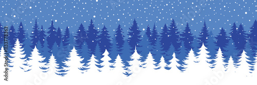 Coniferous trees and snowfall, minimalistic winter landscape, seamless border, vector design