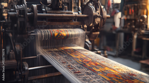 Intricately crafted fabric emerging from a mechanized loom. Looming. Illustration