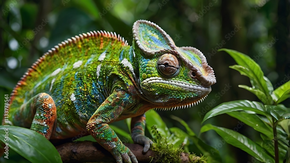 Fototapeta premium Colorful Chameleon Blending into a Lush Tropical Forest