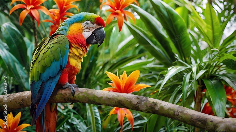 Obraz premium Colorful Scarlet Macaw Perched on a Tropical Branch Surrounded by Exotic Flowers