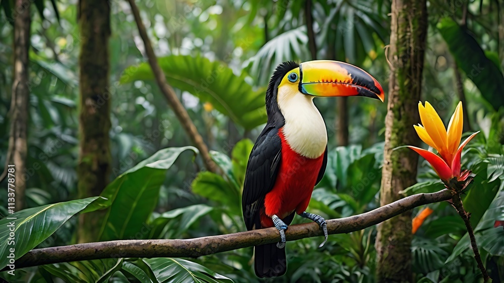 Vibrant Toucan Perched on a Branch in a Tropical Rainforest Vibrant Toucan Perched on a Branch in a Tropical Rainforest