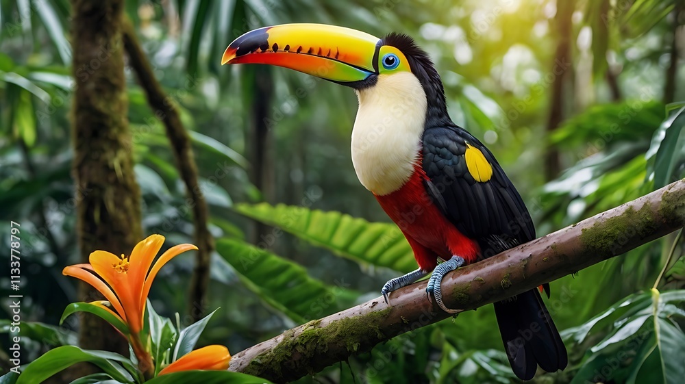 Obraz premium Vibrant Toucan Perched on a Branch in a Tropical Rainforest