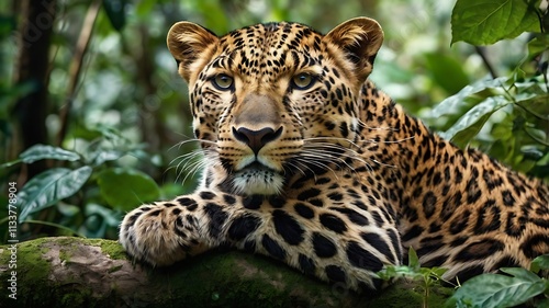 Majestic Leopard Resting on a Mossy Tree Branch in Lush Jungle